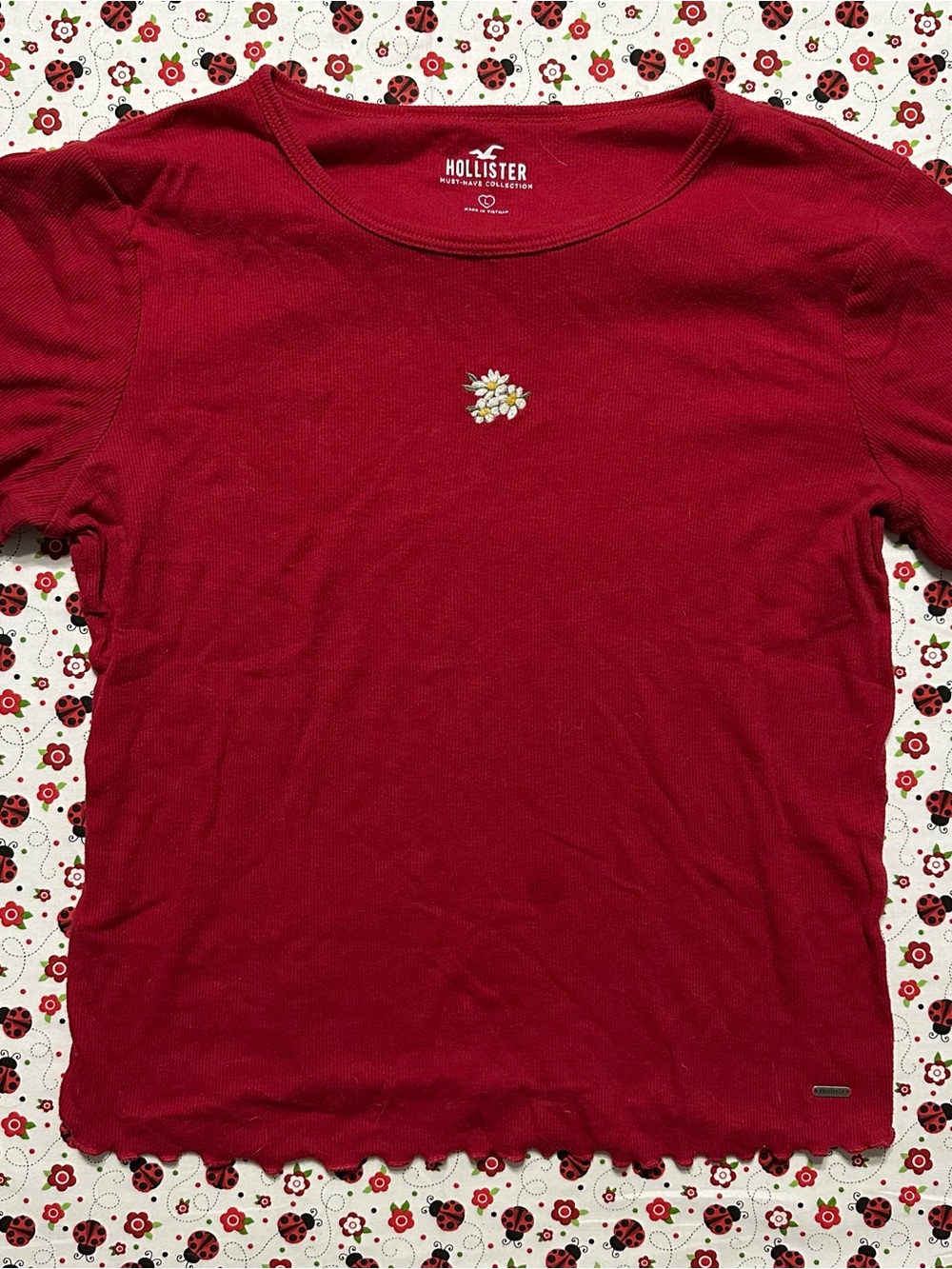 Hollister Red Solid Knit Cotton Blend Embroidered Flower Round Neck Tee L